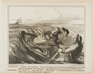 M. Prudhomme : "- Odieuses vagues.... ne savez-vous pas qui vous portez en cet instant ... oh audacieux... sachez que je vais, comme Xerxès, vous fouetter terriblement." Mme Prudhomme : (frissonnant de peur) "- Je vous en prie, mon cher ami, n
