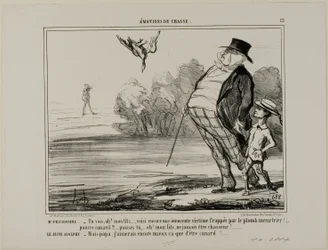 M. Prudhomme : «Te voilà encore, mon fils... une autre innocente victime du plomb meurtrier.... pauvre petit canard... prie pour ne jamais devenir chasseur, mon fils !» Le jeune Adolph : «Mais papa, je préférerais être chasseur plutôt qu