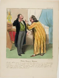 Robert Macaire, dentiste. « - Maudit docteur, vous avez arraché deux bonnes dents et laissé les deux mauvaises. - (Robert Macaire, à part) Diable !!! … (à voix haute) Bien sûr.... Et pour une bonne raison : il sera toujours temps d