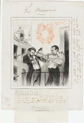 Ton, ton, ton, ton, ton, t..... "- Taisez-vous, ma femme a mal à la tête ! - Pourquoi ne lis-tu pas un drame en cinq actes avec un orchestre semblable ! - Arrêtez... mon petit a la colique !" Ton, ton, ton, ton, taine..., planche 2 de Les Musiciens De Pari