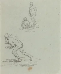 Baigneurs (craie noire sur papier vergé vert)