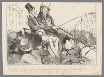 Bertrand et Robert-Macaire dans une calèche, entourés de gens