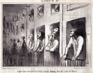 Caricature sur la science. Série sur « La Comète de 1857 » : « Aspect que commencent à avoir chaque nuit les rues de Paris ». Gravure par Honoré Daumier (1808-1879). Extrait du journal « Le Charivari ».