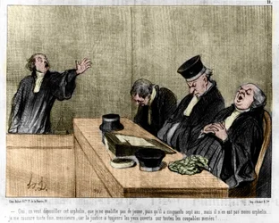 Caricature de Daumier: Série "Les Gens de justice" publiée dans "Charivari" du 15/08/1845. Un avocat plaidant en dormant.