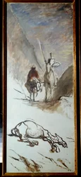 Don Quichotte et la mule morte Illustration du roman de Miguel Cervantes « Don Quichotte de la Manche » (El ingenioso Hidalgo Don Quijote de la Mancha). Peinture par Honoré Daumier (1808-1879). 19ème siècle