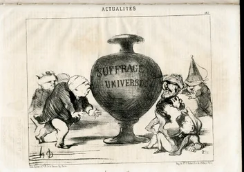 Satirique en N & B : Actualités - Président de la République, Suffrage universel - Thiers Adolphe, Montalembert Charles de (1810-1870), Louis Matthieu Molé (1781-1855), Dupin André-Marie, dit Dupin aîné (1783-1865) - Illustration par Honoré Daumier (1808-1