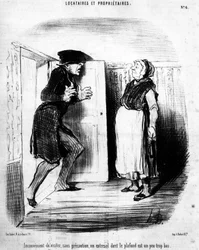 Incommode de visiter, sans précaution, un entresol dont le plafond est un peu trop bas, tiré de Locataires et Propriétaires, série de caricatures par Honoré Daumier (1808-1879). Charivari