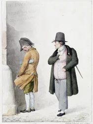 Homme urinant contre un mur et un autre passant - lithographie par Brunet