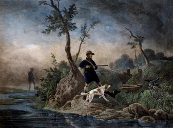 Chasse aux canards dans les marais, gravure d