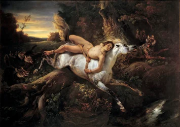 Mazeppa, illustration pour le poème de Lord Byron ou Victor Hugo : le héros Mazeppa, après avoir offensé un gentilhomme, est attaché à un cheval sauvage. Peinture d