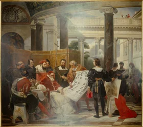 Le Pape Jules II ordonnant les travaux du Vatican et de la Basilique Saint-Pierre à Rome, entouré de Michel-Ange, Bramante et Raphaël