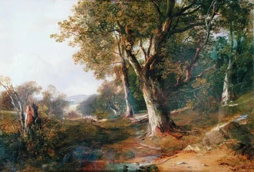 Paysage boisé avec château au loin