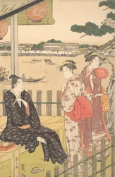 Groupe dans une maison de thé sur la rive de la rivière Sumida, vers 1790