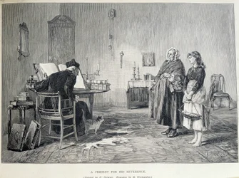 Deux femmes irlandaises apportent un cadeau à un religieux. Gravure de H. Werdmuller d