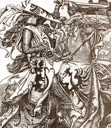 Légende arthurienne: Kay (Keu), chevalier de la Table ronde, brisant son épée lors d
