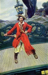 Capitaine Keith sur le pont de son navire. Illustration du « Livre des pirates Buccaneers et Marooners de la mer des Caraïbes » par Howard Pyle (1853-1911), illustrateur américain