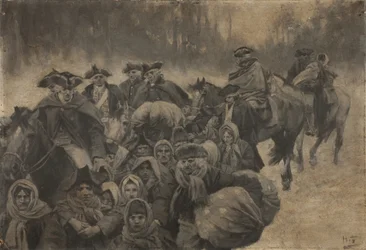 Cinq soldats en manteau rouge à cheval, avec un autre enveloppé jusqu