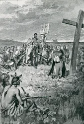Jacques Cartier (1491-1557) érigeant une croix à Gaspé, illustration de 