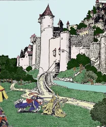 Le roi Arthur et le Chevalier noir combattent dans la cour de Camelot. Illustration de Howard Pyle (1853-1911), illustrateur américain.