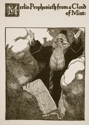 Merlin prophétise depuis un nuage de brume, illustration de 