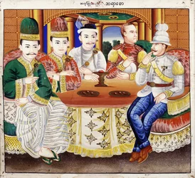 Le roi Thibaw avec des dignitaires et un officier britannique