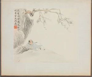 Album de peintures de paysages illustrant de vieux poèmes : Un homme se repose..., 1700s