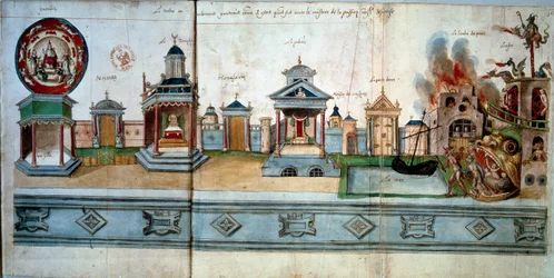 Frontispice illustrant la passion et la résurrection de Jésus-Christ. De gauche à droite : le Paradis (avec une salle vide), la porte de Nazareth, le temple, la porte de Jérusalem, le palais (avec la maison des énigmes), la porte Dorée, le limbe des pères