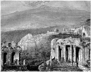 Mont Etna et vue de Taormina, Sicile, Italie