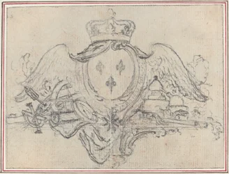 Armoiries du roi de France avec des ailes et des instruments scientifiques (graphite, incisé pour transfert sur papier vergé ; déposé)