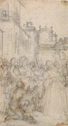 Illustration littéraire avec groupe de figures suppliant un homme