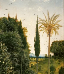 Détail des Pèlerins guidés par Saint Christophe, du côté droit du Retable de Gand