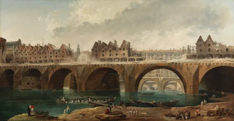 La démolition des maisons sur le pont Notre-Dame à Paris