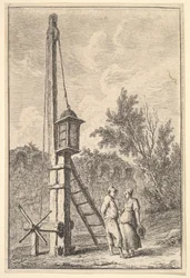 Planche 9 : La Poulie : un homme et une femme conversant à droite, une lanterne accrochée à un poteau..., vers 1763-64