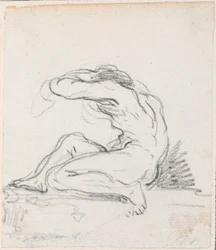 Nu masculin assis avec bras sur la tête, vu de côté