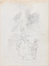 Femme et petite figure masculine sur un grand escalier [recto]