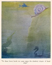 « Dans ces niveaux inférieurs, nous rencontrâmes les formes ombreuses de navires morts », illustration tirée de Les Voyages du docteur Dolittle