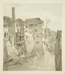 Fossé et mur du château depuis le pont de la Reine, mur de la ville à gauche, 1820