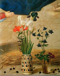 Vase avec des lys blancs, rouges et bleus et des iris (tempera sur bois)