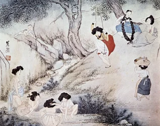 Femmes en plein air (bain dans la rivière et balançoire) et deux hommes les regardant, Kree