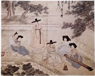 Musique, fumée et couple dans un jardin, Corée - par Hye-Wol, dynastie Yi