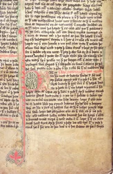 Initiale historiée P au début de La Saga des Groenlandais, de Flateyjarbok (Le Livre de Flatey) fin du XIVe siècle