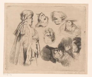 Composition avec homme oriental, femme avec enfant et quatre têtes d