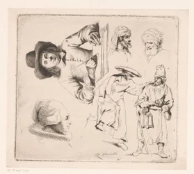 Composition avec homme écrivant, tête de femme et quatre figures masculines