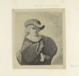 Autoportrait avec chapeau à large bord et manteau brodé