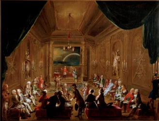 Réunion à Vienne de la loge maçonnique Zur gekrönten Hoffnung en 1790. Wolfgang Amadeus Mozart (1756-1791) est assis à droite au premier plan. Peinture d