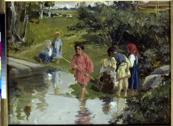 Enfants pêchant par Pryanishnikov, Illarion Mikhaïlovitch (1840-1894)