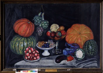 Légumes. Nature morte avec citrouilles, artichauts, prunes, raisins, pommes, poire, aubergine, poivron, chou, chou-fleur et pastèque