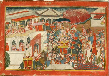 Krishna et Balarama quittant un palais, c. 1840