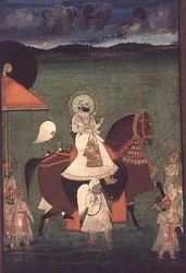 Rana Sarup Singh (1842-61) de Mewar chevauche un étalon alezan, ses serviteurs à pied portent des ombrelles et des attributs royaux, Udaipur, vers 1855
