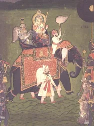 Rana Jawan Singh (1828-38) de Mewar chevauchant un éléphant caparaçonné, c.1835